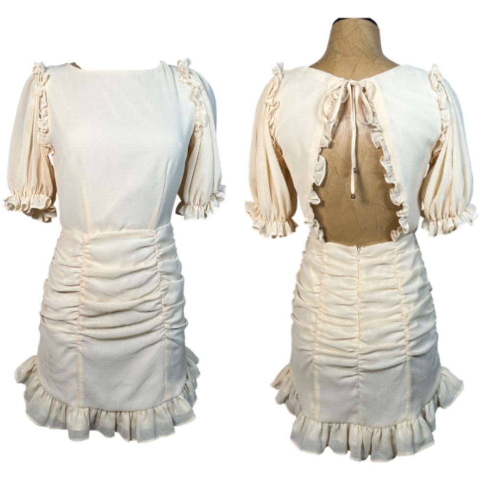 Cream Ruched Ruffle Mini Dress Open‎ Back Puff Sleeve Regencycore Fairycore